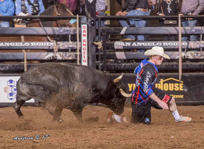 Zach Call kicked off the 2017 Bullfighters Only season by winning the title in San Angelo. (RIC ANDERSEN PHOTO)