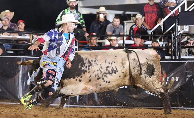 Dusty Tuckness matches moves with Destructor for 90 points to win Friday's Bullfighters Only Cavender’s Cup Presented by Bodyguard Bumpers. It was Tuckness' second straight BFO victory. 