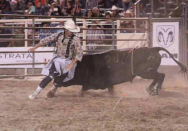 Beau Scheuth battles 12X and Costa's Portuguese Power for 85.5 points to win the Bullfighters Only-Vernal event this past weekend. (JIM FAIN PHOTO)