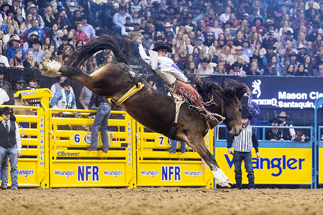 Mason Clements rides Pickett Pro Rodeo's Top Flight for 88 points to share the 10th-round victory Saturday night in closing out his first Wrangler National Finals Rodeo. (TODD BREWER PHOTO)