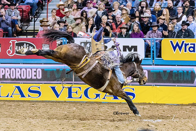 Hardy Braden rides Lancaster & Jones's Angel Fire for 85.5 points to finish in a tie for third place in Friday's ninth round of the Wrangler national Finals Rodeo. (TODD BREWER PHOTO)