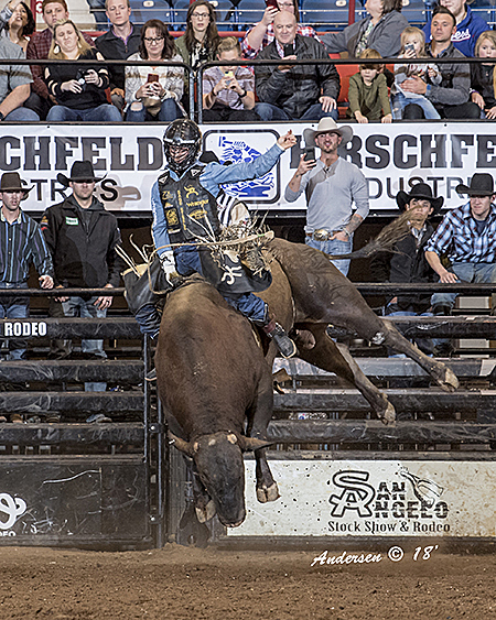 Four-time reigning world champion Sage Kimzey rides Picket Pro Rodeo's Lonesome You for 91 points to take the bull riding lead at the San Angelo Stock Show and Rodeo. (RIC ANDERSEN PHOTO)